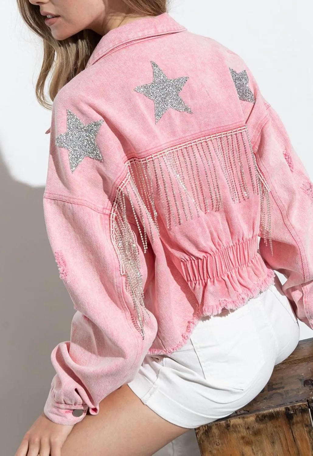 CHARTOU Women Distressed Tassel Fringe Denim Jacket Cropped Jean Jacket Star Frayed Cowgirl Tinsel Jacket