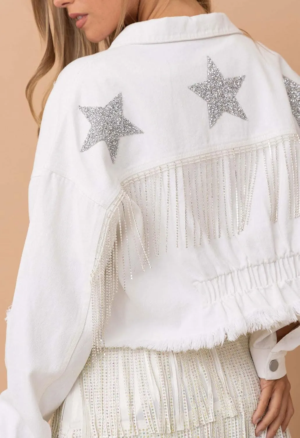 CHARTOU Women Distressed Tassel Fringe Denim Jacket Cropped Jean Jacket Star Frayed Cowgirl Tinsel Jacket