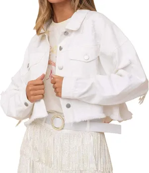CHARTOU Women Distressed Tassel Fringe Denim Jacket Cropped Jean Jacket Star Frayed Cowgirl Tinsel Jacket