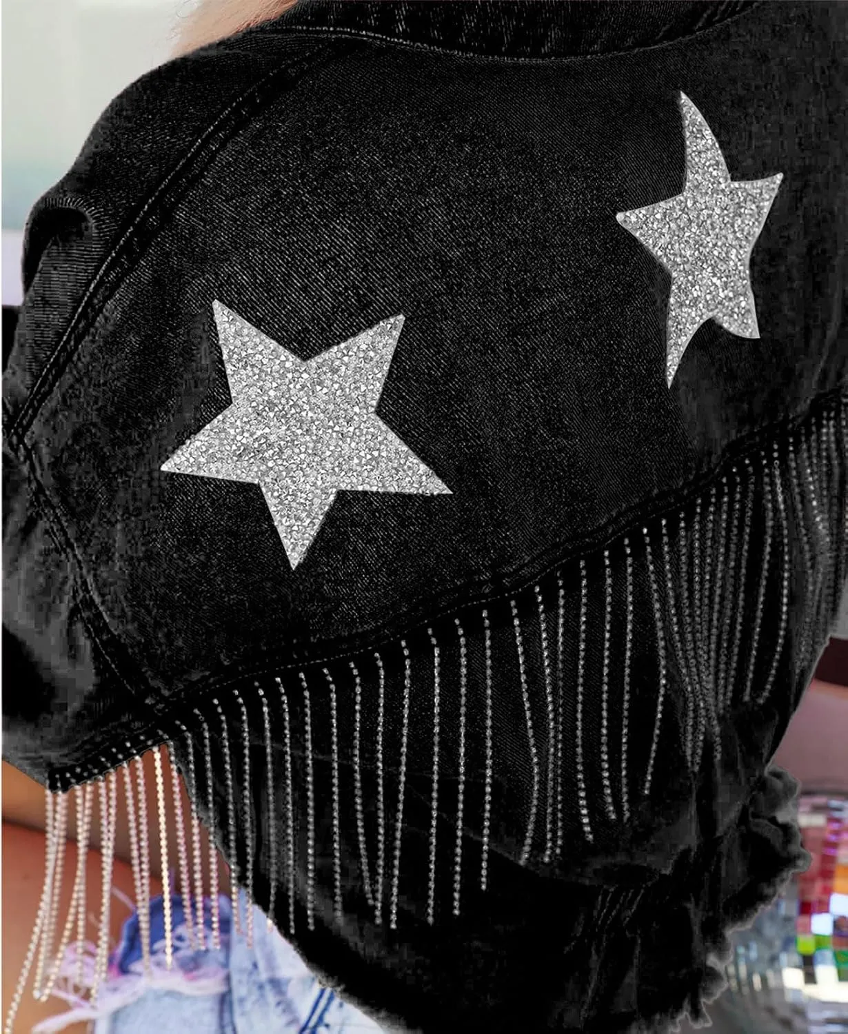 CHARTOU Women Distressed Tassel Fringe Denim Jacket Cropped Jean Jacket Star Frayed Cowgirl Tinsel Jacket