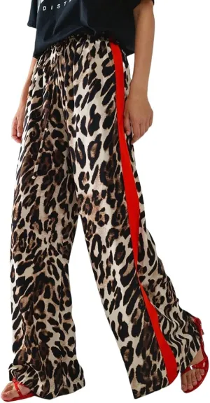 Cheetah Pants Women Side Striped High Waisted Wide Leg Lounge Pants Streetwear Drawstring Leopard Print Pants