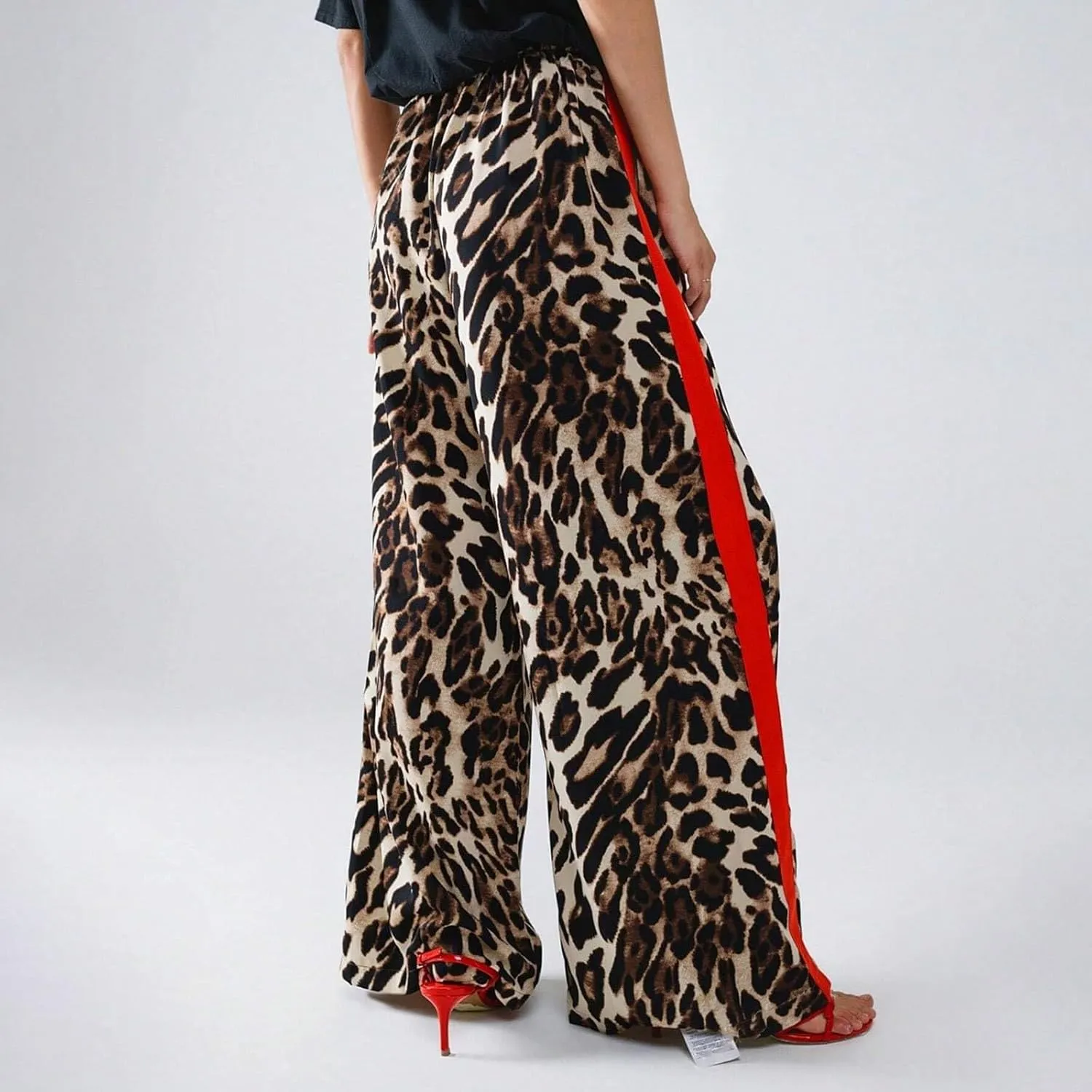 Cheetah Pants Women Side Striped High Waisted Wide Leg Lounge Pants Streetwear Drawstring Leopard Print Pants