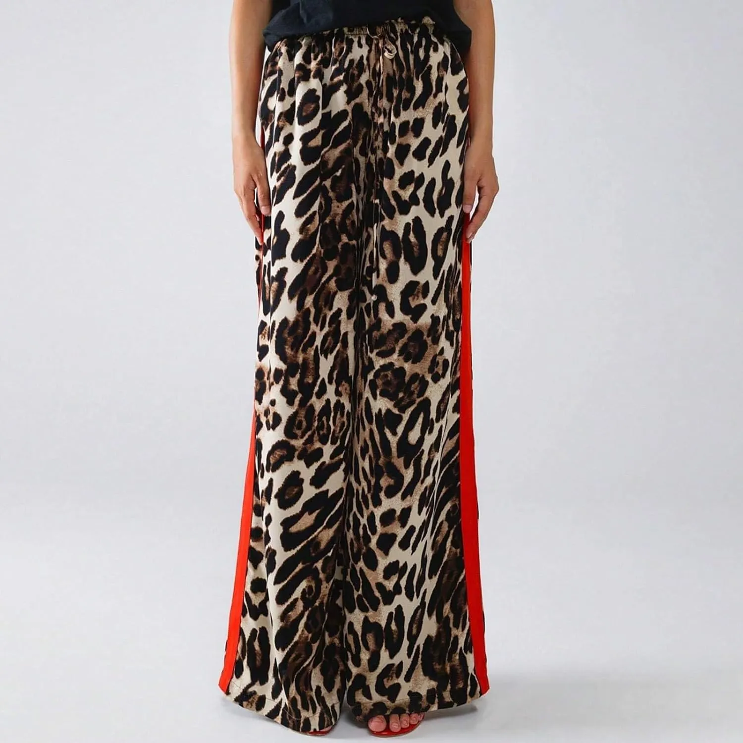 Cheetah Pants Women Side Striped High Waisted Wide Leg Lounge Pants Streetwear Drawstring Leopard Print Pants