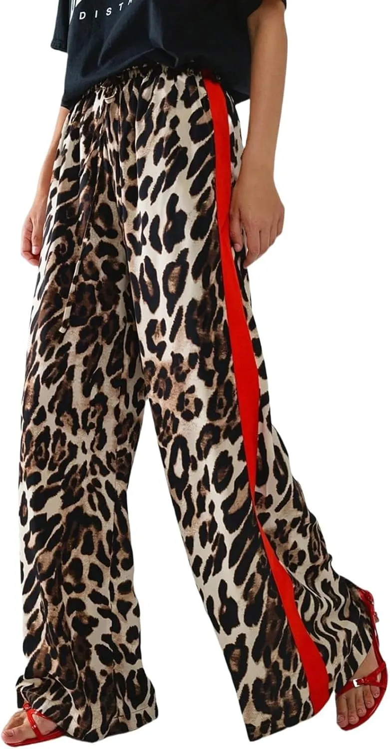Cheetah Pants Women Side Striped High Waisted Wide Leg Lounge Pants Streetwear Drawstring Leopard Print Pants