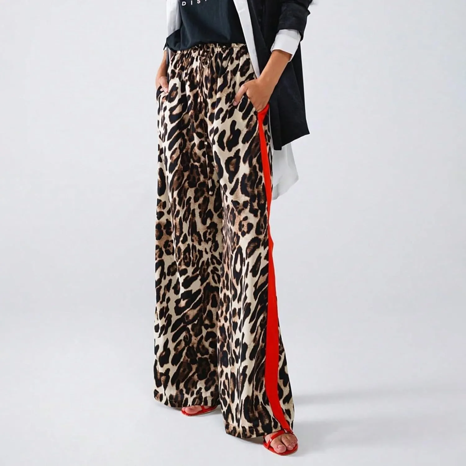 Cheetah Pants Women Side Striped High Waisted Wide Leg Lounge Pants Streetwear Drawstring Leopard Print Pants