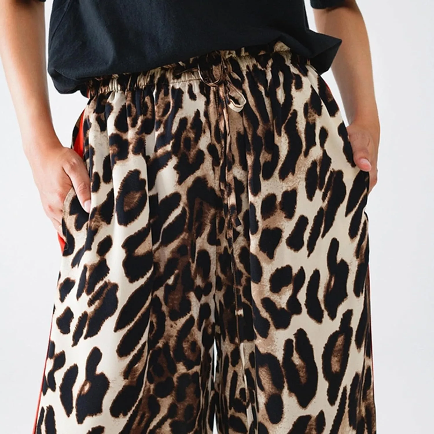 Cheetah Pants Women Side Striped High Waisted Wide Leg Lounge Pants Streetwear Drawstring Leopard Print Pants