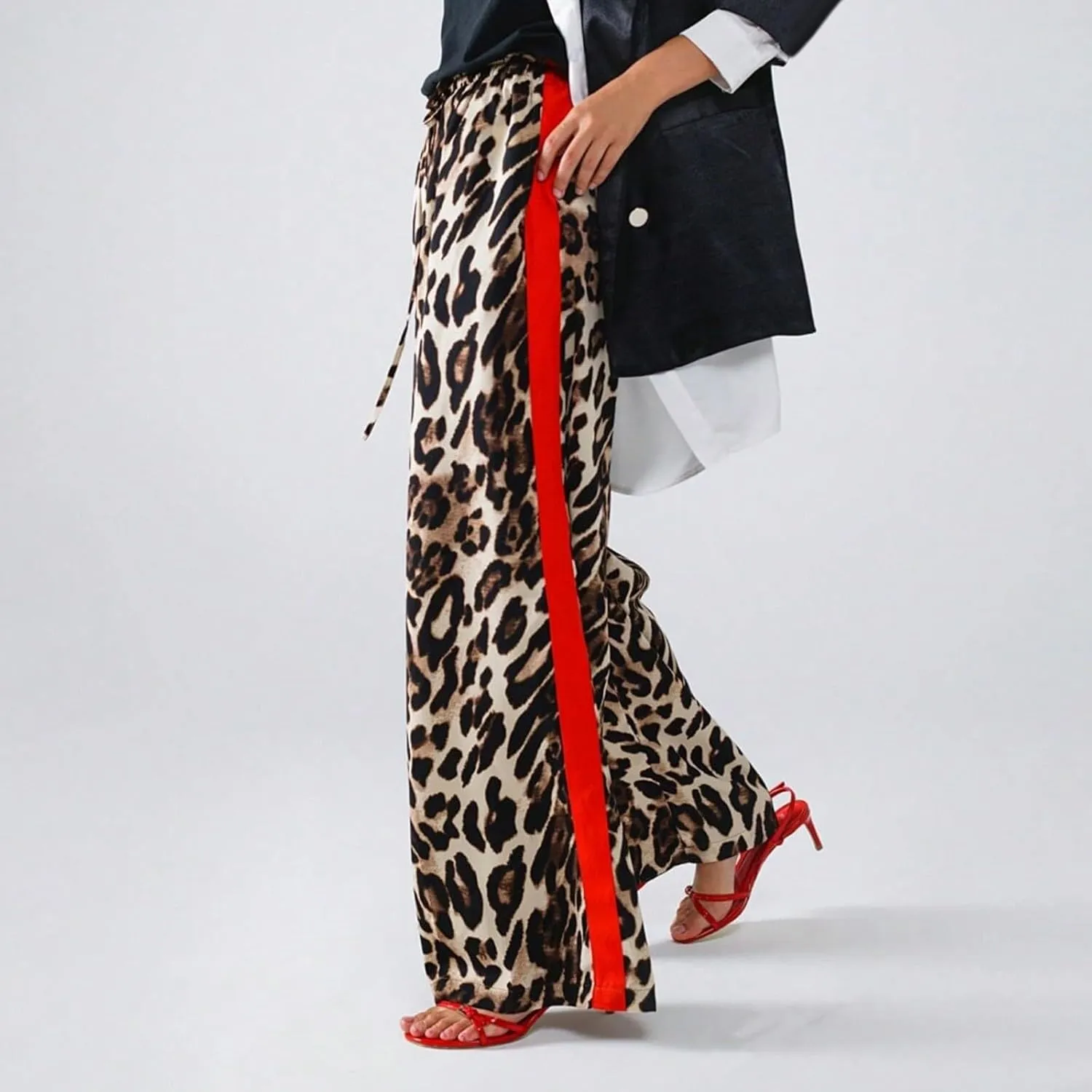Cheetah Pants Women Side Striped High Waisted Wide Leg Lounge Pants Streetwear Drawstring Leopard Print Pants