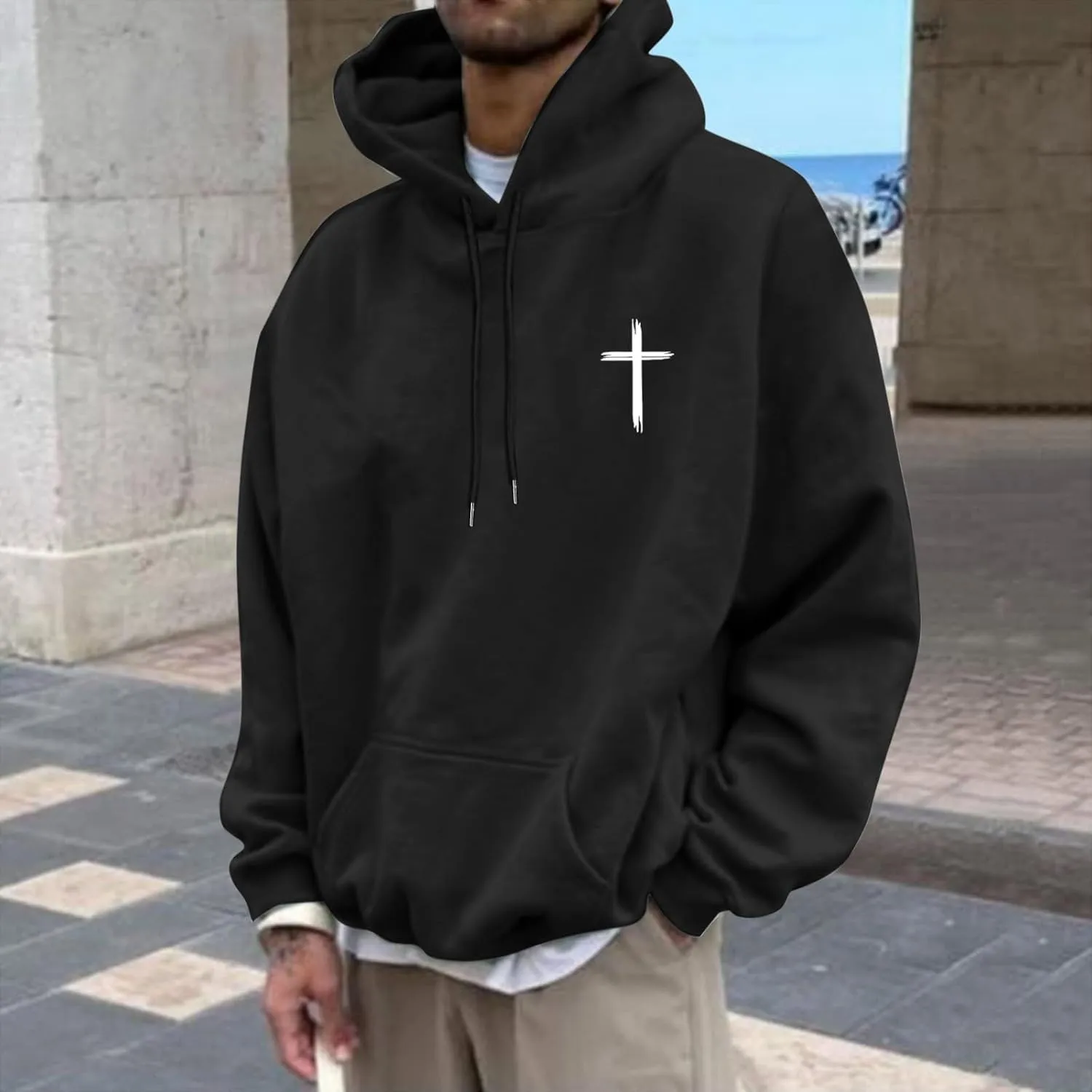 Christian Hoodie for Men God Loves You Letter Print Crewneck Causal Sweatshirt with Pocket Fall Drawstring Aesthetic Hoodies