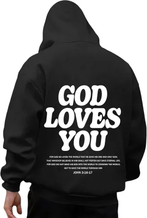 Christian Hoodie for Men God Loves You Letter Print Crewneck Causal Sweatshirt with Pocket Fall Drawstring Aesthetic Hoodies