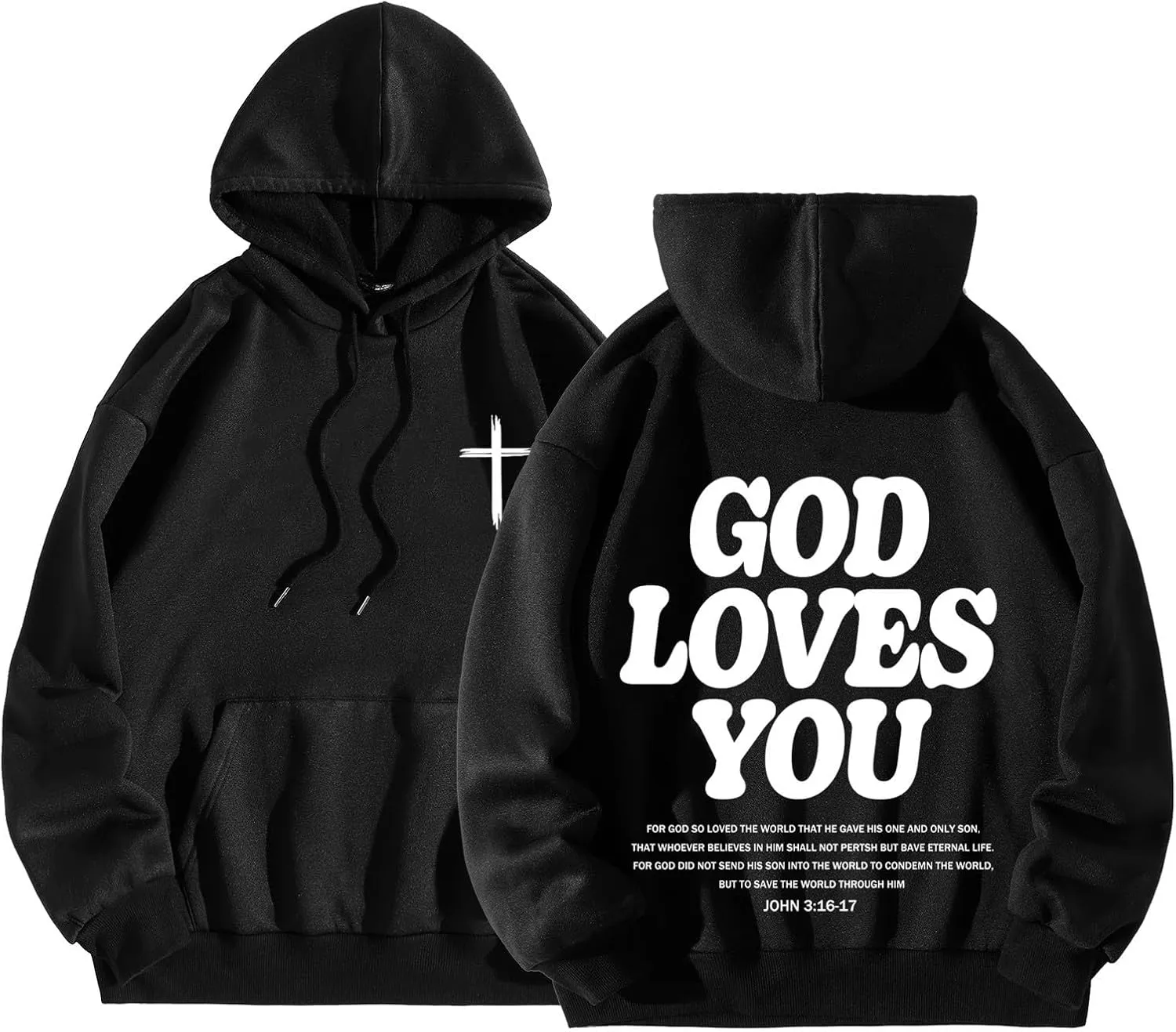 Christian Hoodie for Men God Loves You Letter Print Crewneck Causal Sweatshirt with Pocket Fall Drawstring Aesthetic Hoodies