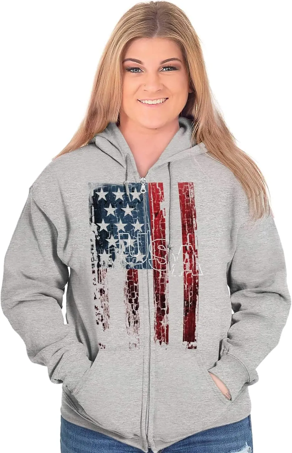 Classic Teaze American Flag Vertical Star Antique Zip Up Hoodie Mens Womens