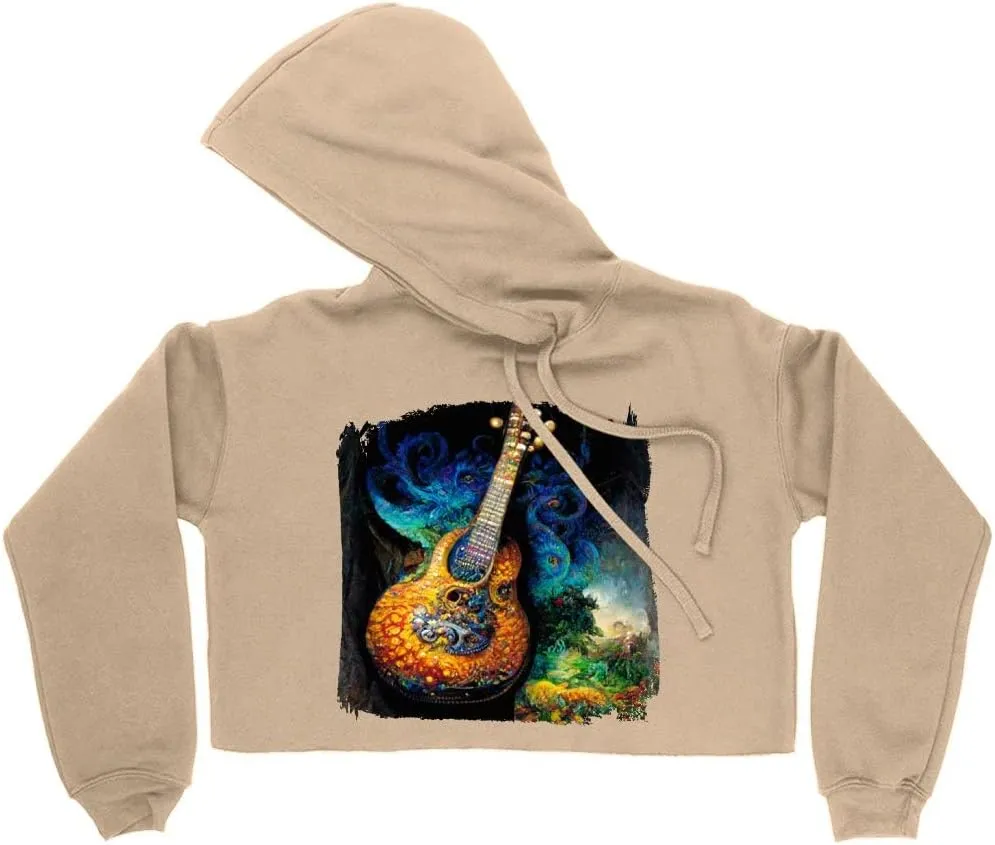 Colorful Nature Guitar Women's Cropped Fleece Hoodie - Unique Graphic Cropped Hoodie for Women