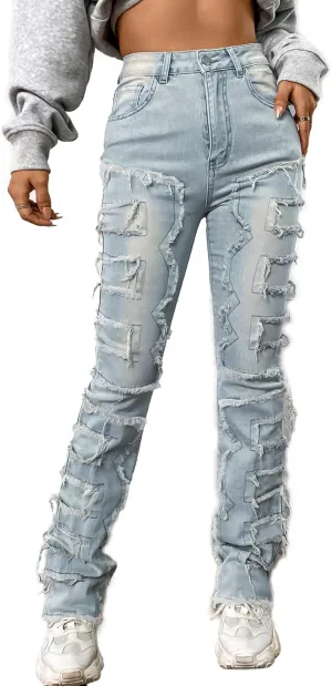 Conshvi Women's Skinny Straight Leg Jeans High Waisted Stacked Stretch Frayed Jeans Distressed Patchwork Denim Pants