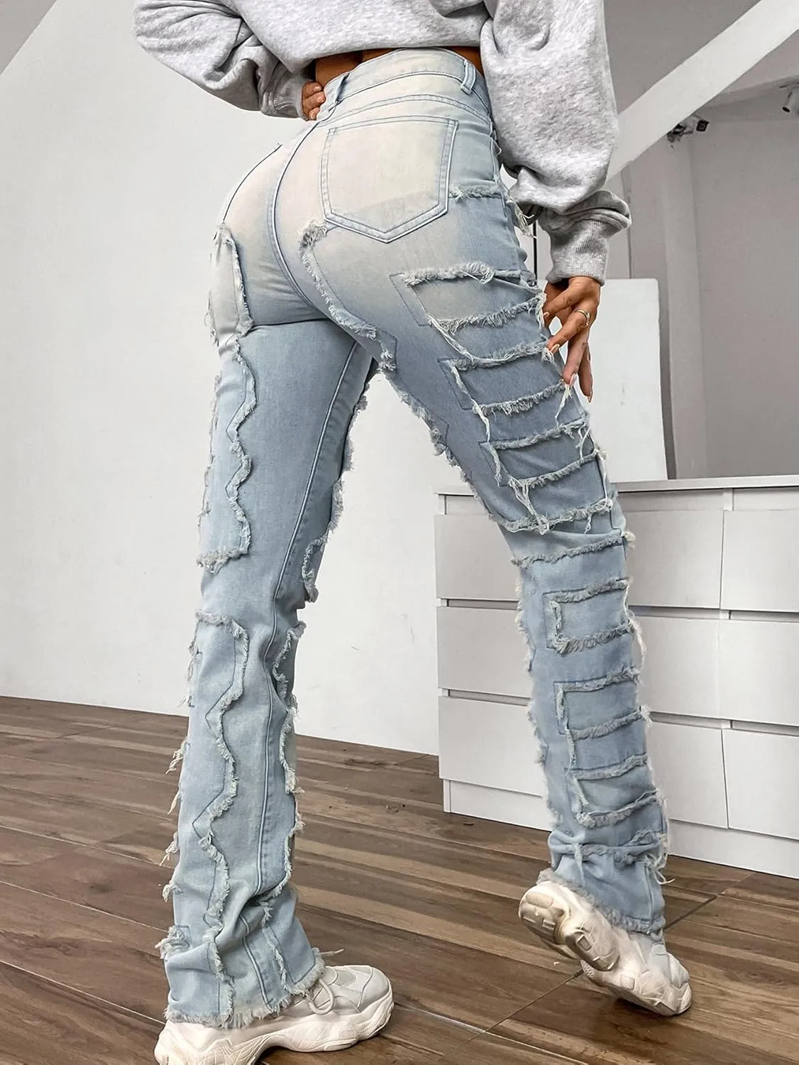 Conshvi Women's Skinny Straight Leg Jeans High Waisted Stacked Stretch Frayed Jeans Distressed Patchwork Denim Pants
