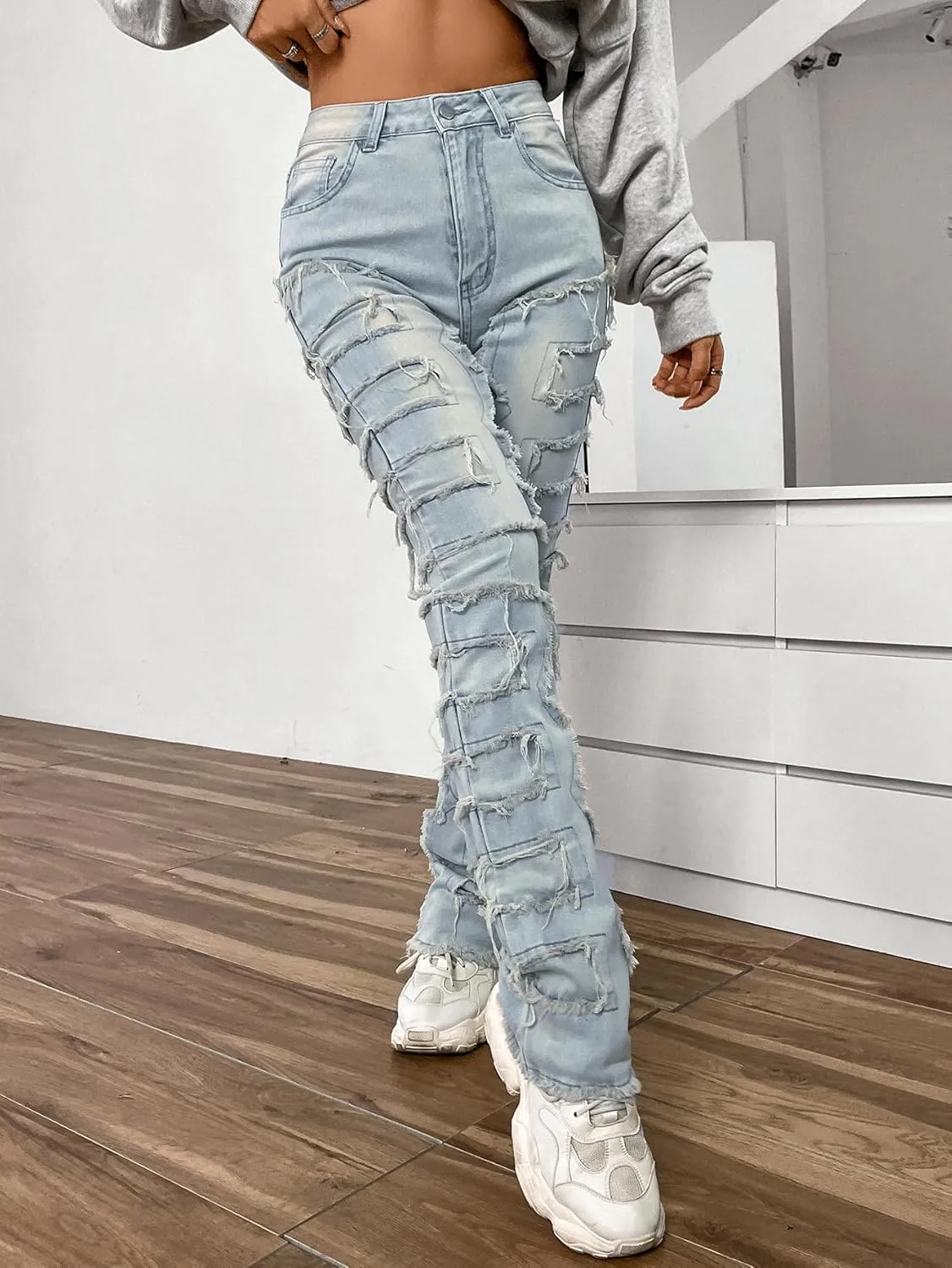 Conshvi Women's Skinny Straight Leg Jeans High Waisted Stacked Stretch Frayed Jeans Distressed Patchwork Denim Pants