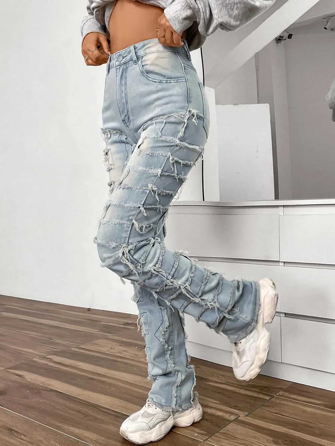Conshvi Women's Skinny Straight Leg Jeans High Waisted Stacked Stretch Frayed Jeans Distressed Patchwork Denim Pants