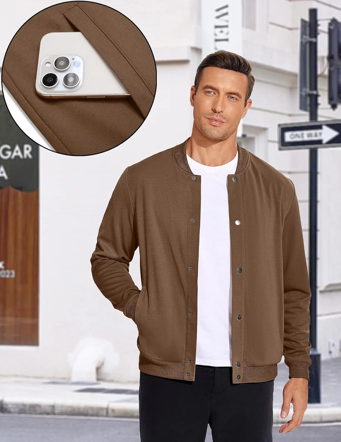COOFANDY Men's Casual Lightweight Jacket Baseball Letterman Snap Button Jacket
