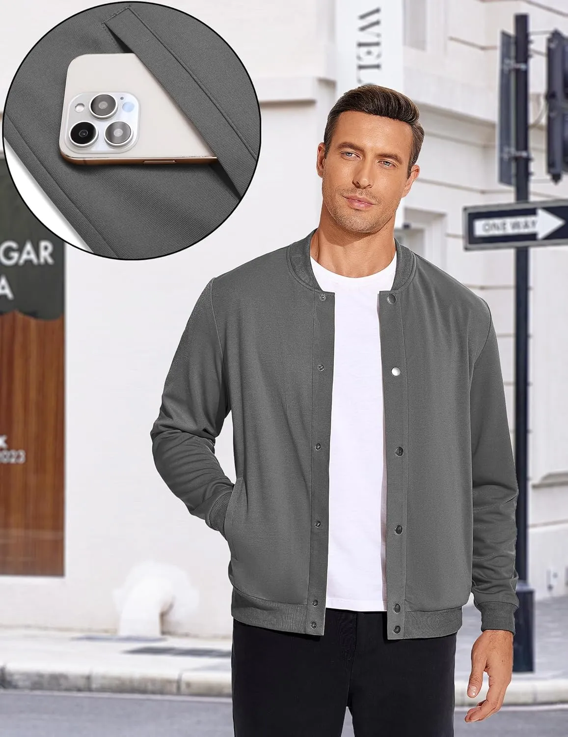 COOFANDY Men's Casual Lightweight Jacket Baseball Letterman Snap Button Jacket