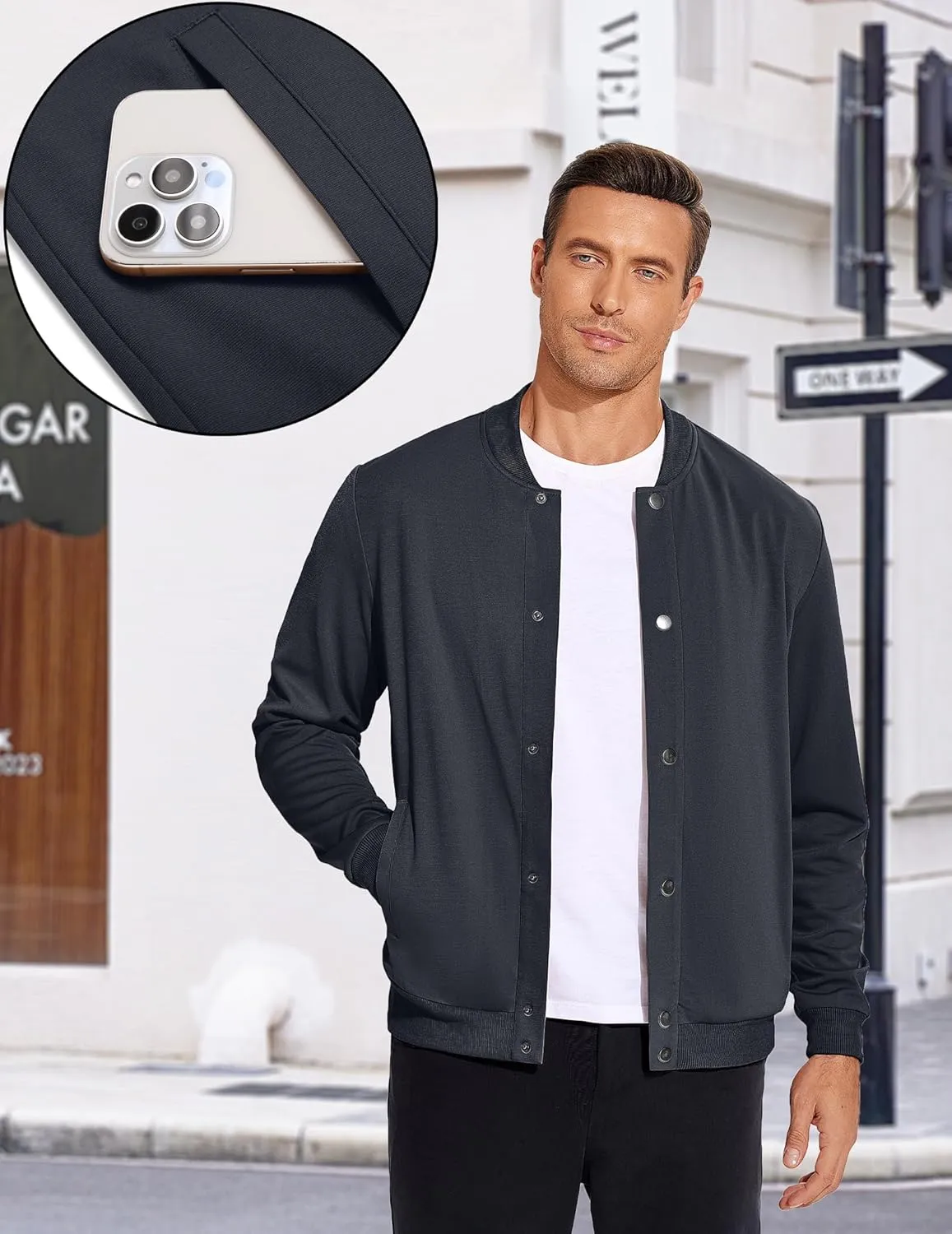 COOFANDY Men's Casual Lightweight Jacket Baseball Letterman Snap Button Jacket