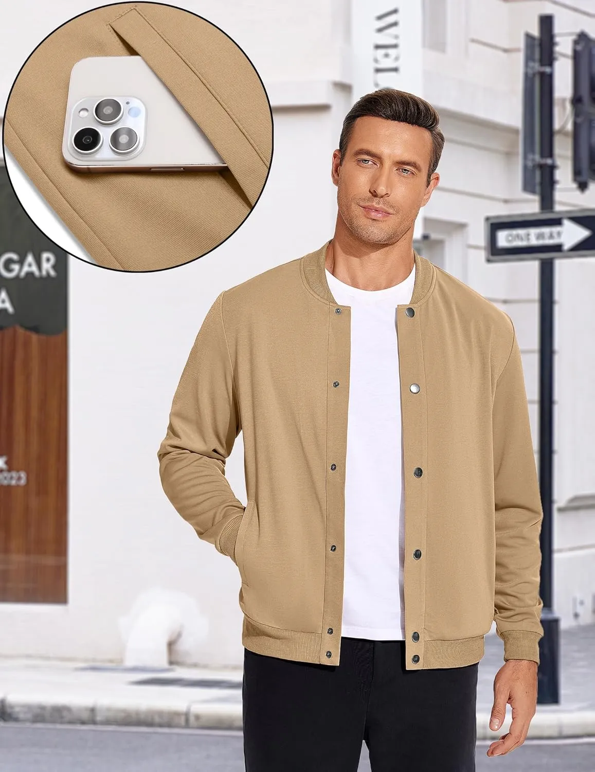COOFANDY Men's Casual Lightweight Jacket Baseball Letterman Snap Button Jacket
