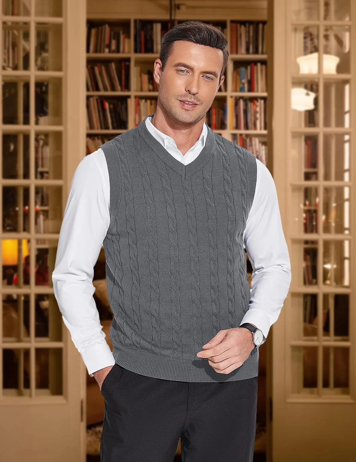 COOFANDY Mens Sweater Vest Casual Sleeveless V Neck Sweaters Striped Cable Knit Vests Slim Fit Pullover Sweater