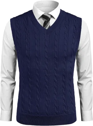 COOFANDY Mens Sweater Vest Casual Sleeveless V Neck Sweaters Striped Cable Knit Vests Slim Fit Pullover Sweater