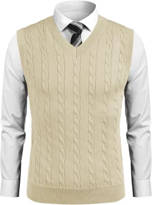 COOFANDY Mens Sweater Vest Casual Sleeveless V Neck Sweaters Striped Cable Knit Vests Slim Fit Pullover Sweater