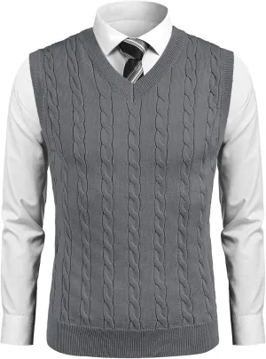 COOFANDY Mens Sweater Vest Casual Sleeveless V Neck Sweaters Striped Cable Knit Vests Slim Fit Pullover Sweater