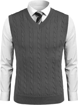 COOFANDY Mens Sweater Vest Casual Sleeveless V Neck Sweaters Striped Cable Knit Vests Slim Fit Pullover Sweater
