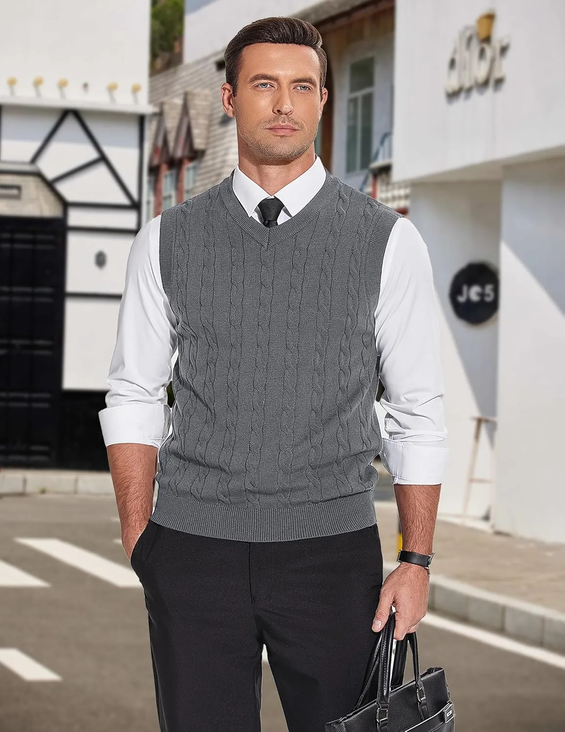 COOFANDY Mens Sweater Vest Casual Sleeveless V Neck Sweaters Striped Cable Knit Vests Slim Fit Pullover Sweater