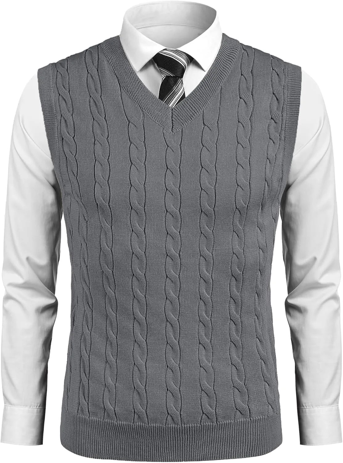 COOFANDY Mens Sweater Vest Casual Sleeveless V Neck Sweaters Striped Cable Knit Vests Slim Fit Pullover Sweater