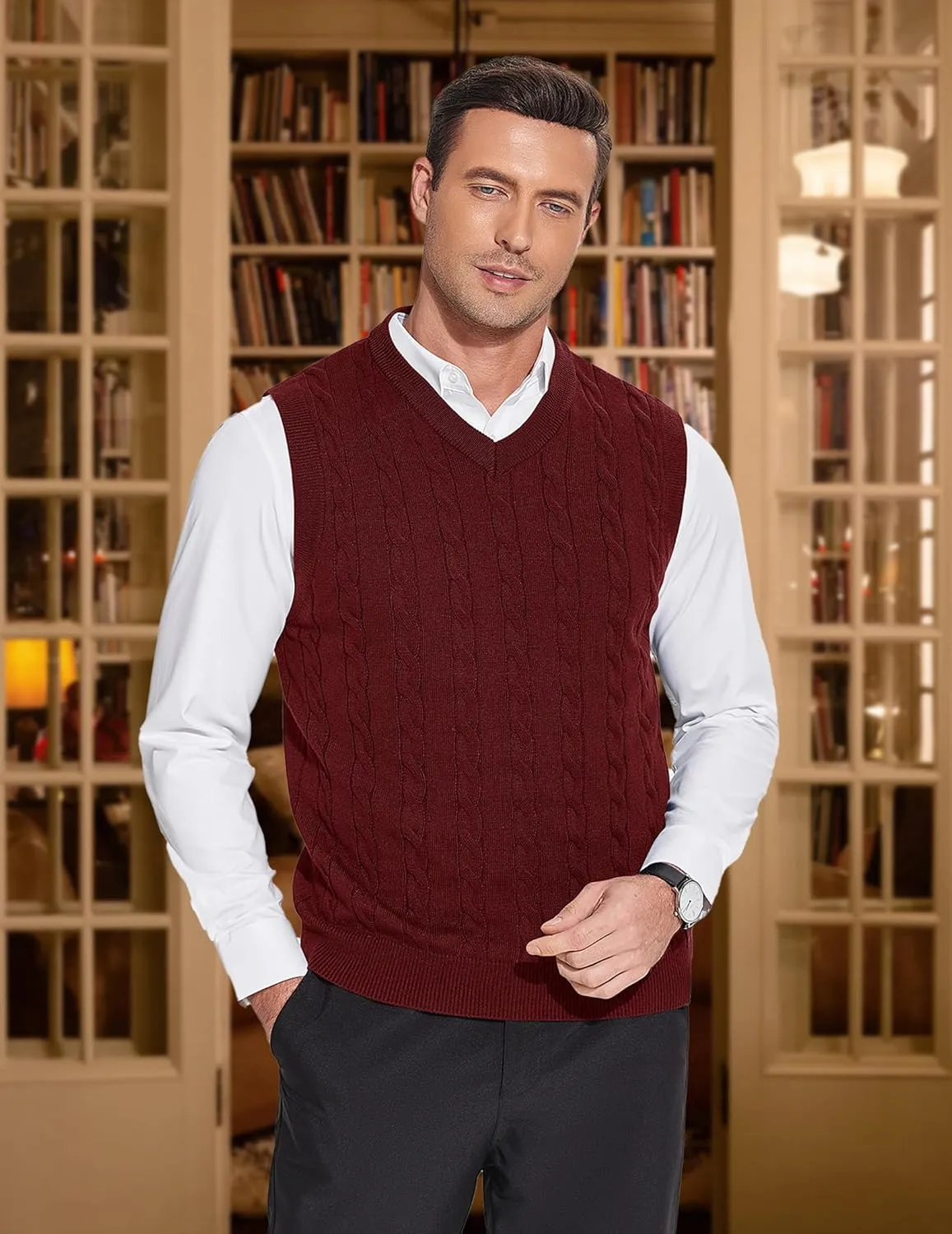 COOFANDY Mens Sweater Vest Casual Sleeveless V Neck Sweaters Striped Cable Knit Vests Slim Fit Pullover Sweater