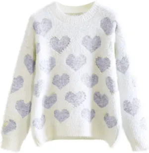 cooki Heart Sweater for Women Valentines Sweater Women Cute Heart Print Chunky Crew Neck Knitted Pullover Sweaters Casual