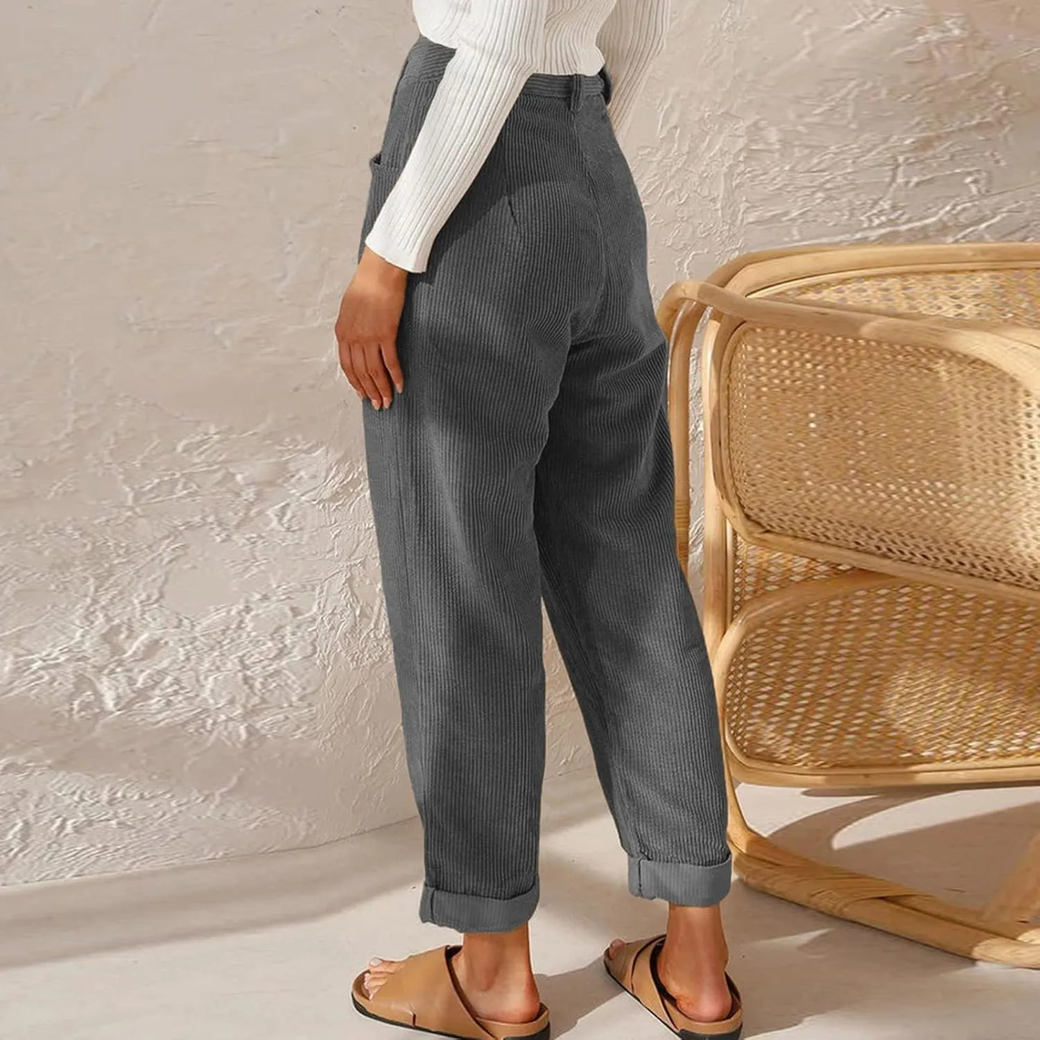 Corduroy Pants Women Baggy Loose Fit Straight Leg Pants Elastic High Waisted Pants Button Work Trousers with Pockets