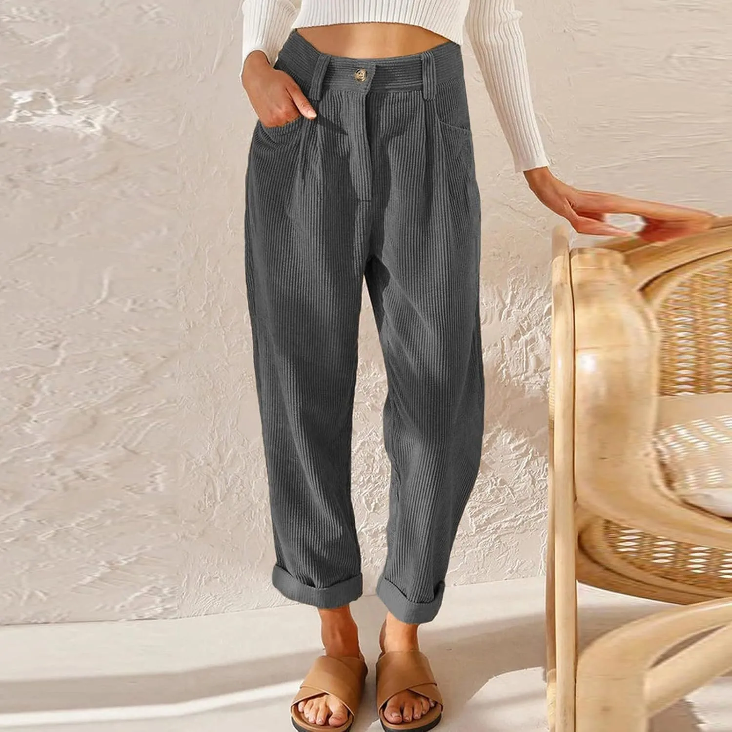 Corduroy Pants Women Baggy Loose Fit Straight Leg Pants Elastic High Waisted Pants Button Work Trousers with Pockets
