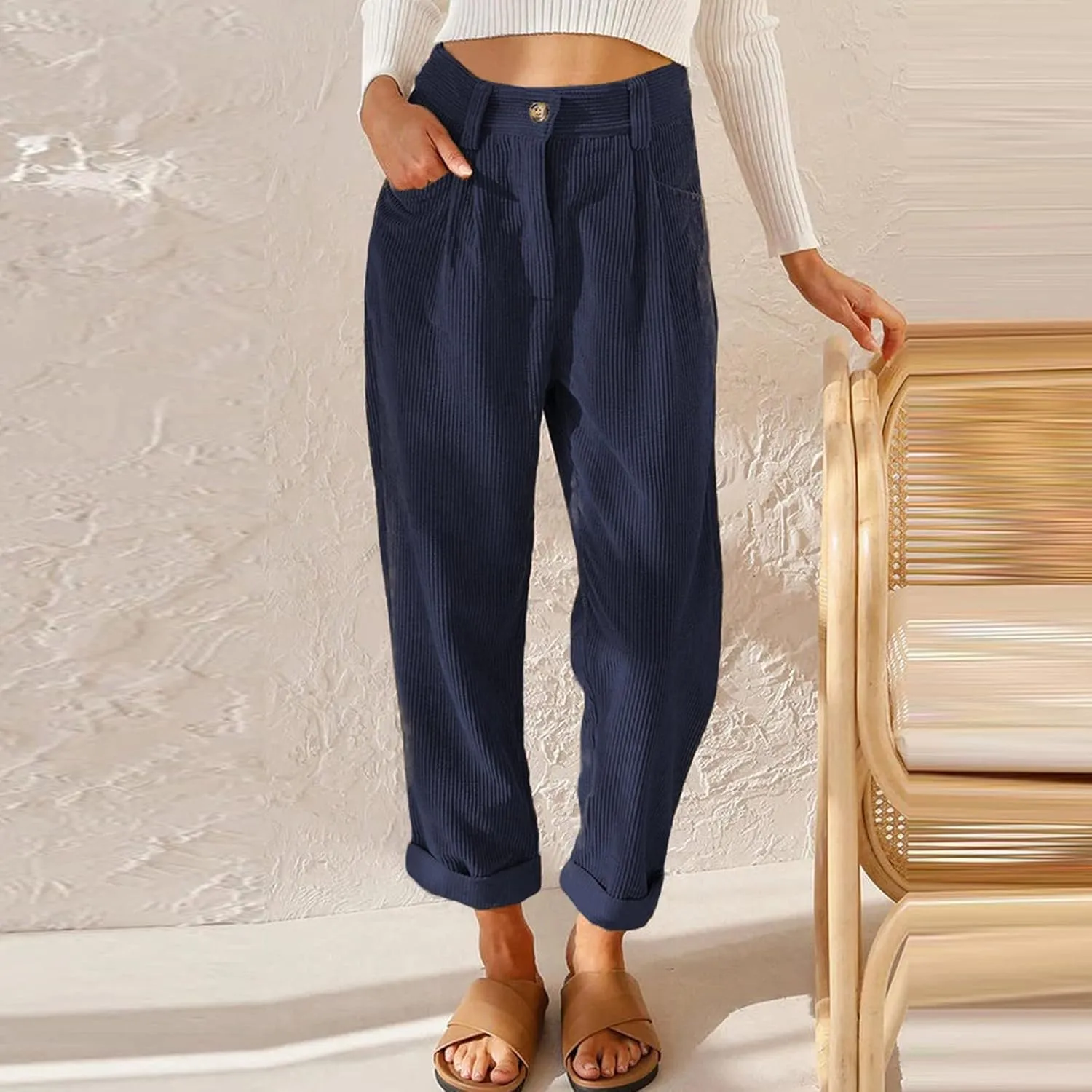 Corduroy Pants Women Baggy Loose Fit Straight Leg Pants Elastic High Waisted Pants Button Work Trousers with Pockets