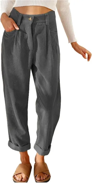 Corduroy Pants Women Baggy Loose Fit Straight Leg Pants Elastic High Waisted Pants Button Work Trousers with Pockets