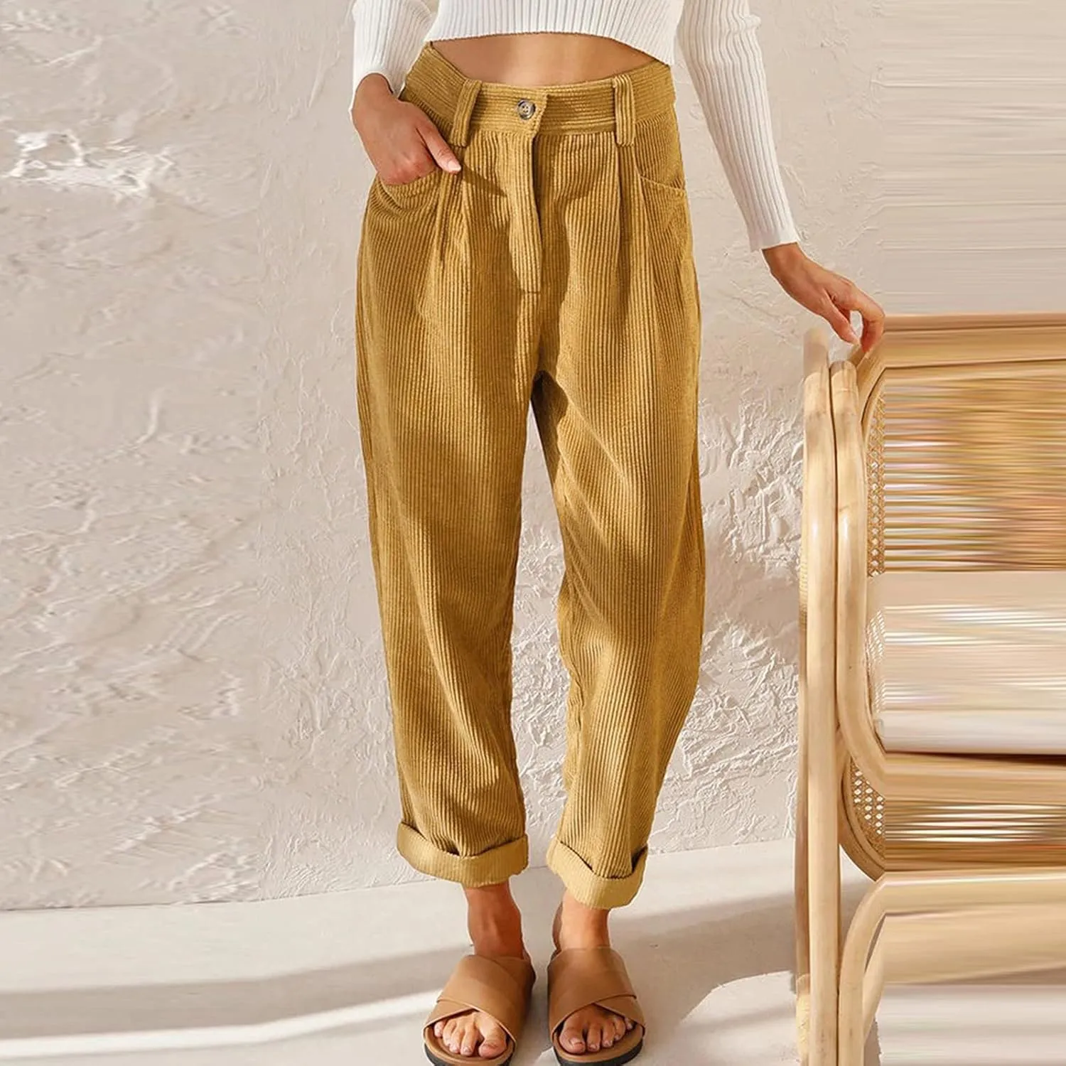 Corduroy Pants Women Baggy Loose Fit Straight Leg Pants Elastic High Waisted Pants Button Work Trousers with Pockets