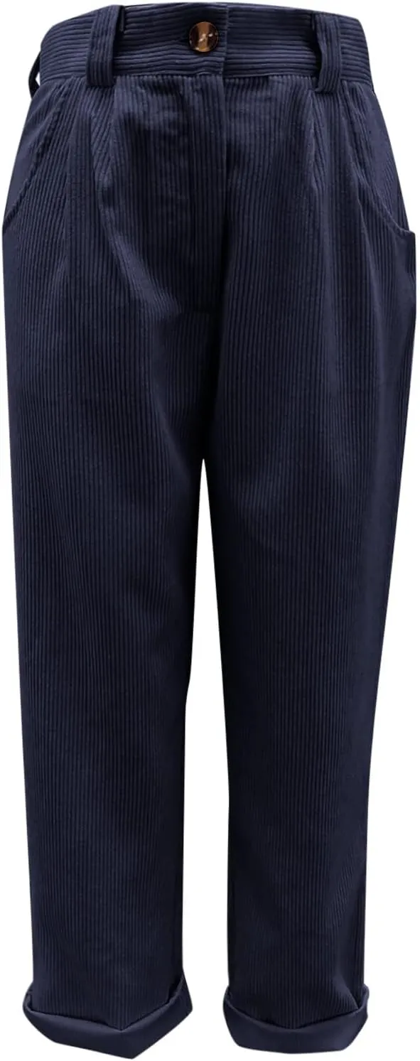 Corduroy Pants Women Baggy Loose Fit Straight Leg Pants Elastic High Waisted Pants Button Work Trousers with Pockets