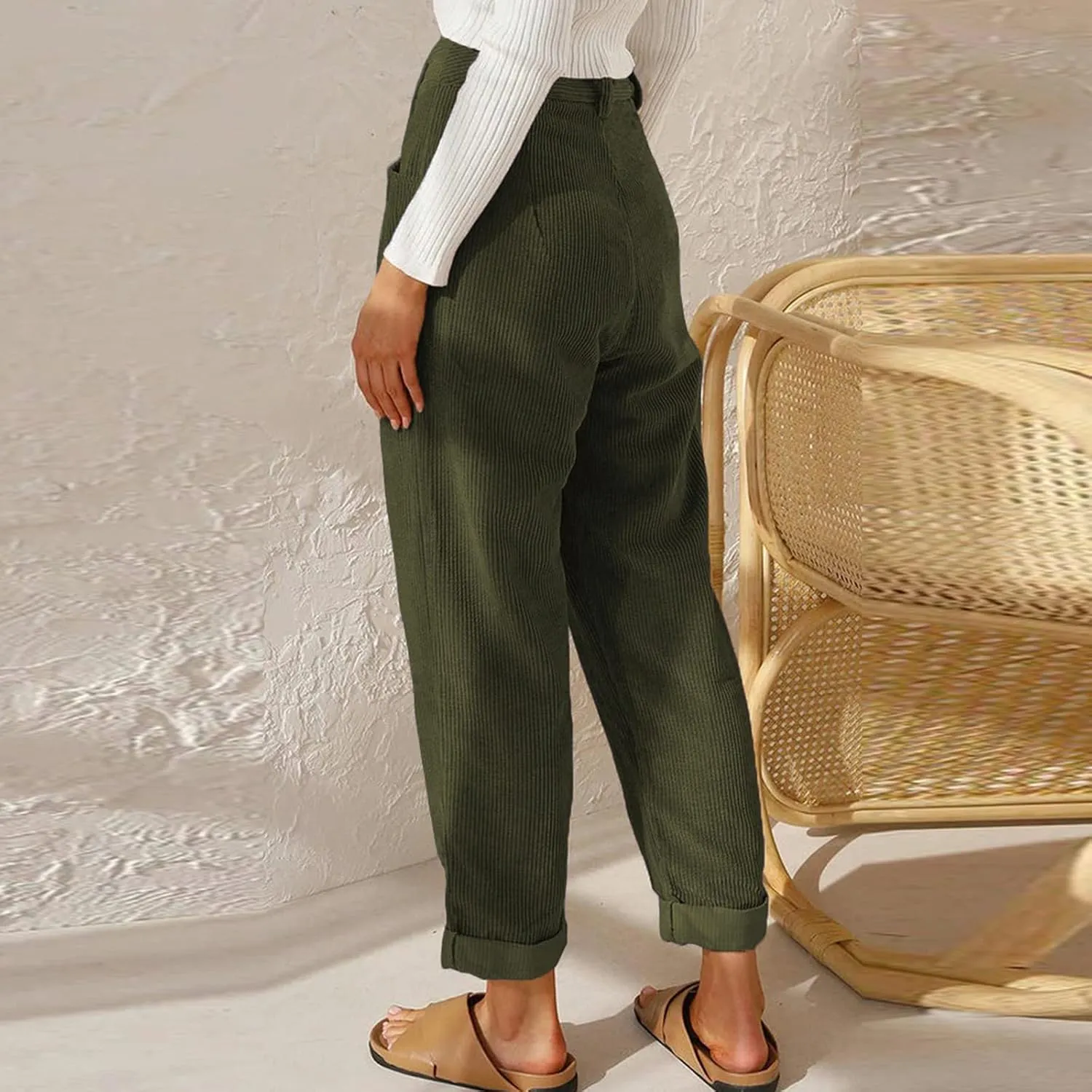 Corduroy Pants Women Baggy Loose Fit Straight Leg Pants Elastic High Waisted Pants Button Work Trousers with Pockets