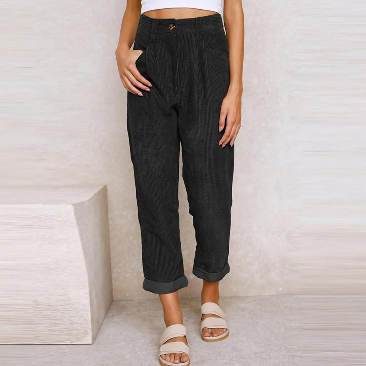Corduroy Pants Women Baggy Loose Fit Straight Leg Pants Elastic High Waisted Pants Button Work Trousers with Pockets