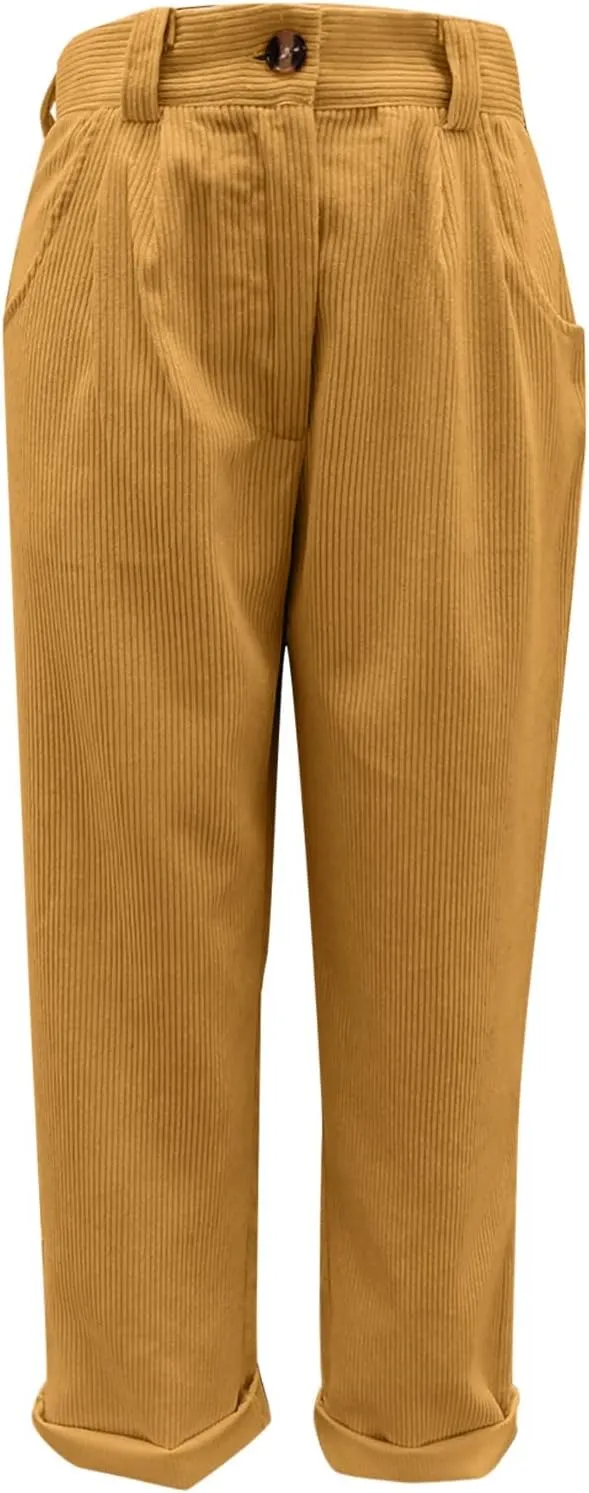 Corduroy Pants Women Baggy Loose Fit Straight Leg Pants Elastic High Waisted Pants Button Work Trousers with Pockets