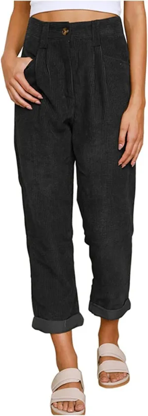 Corduroy Pants Women Baggy Loose Fit Straight Leg Pants Elastic High Waisted Pants Button Work Trousers with Pockets