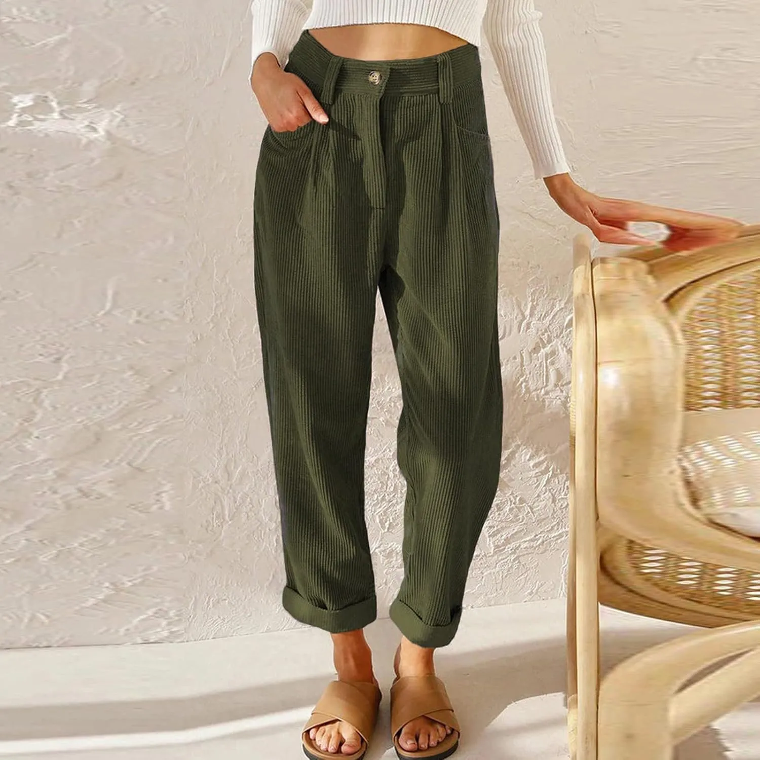 Corduroy Pants Women Baggy Loose Fit Straight Leg Pants Elastic High Waisted Pants Button Work Trousers with Pockets