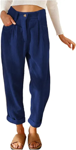 Corduroy Pants Women Baggy Loose Fit Straight Leg Pants Elastic High Waisted Pants Button Work Trousers with Pockets