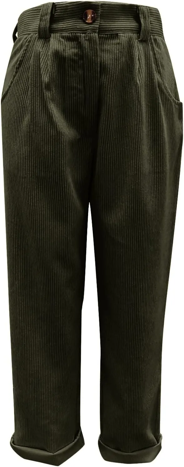 Corduroy Pants Women Baggy Loose Fit Straight Leg Pants Elastic High Waisted Pants Button Work Trousers with Pockets
