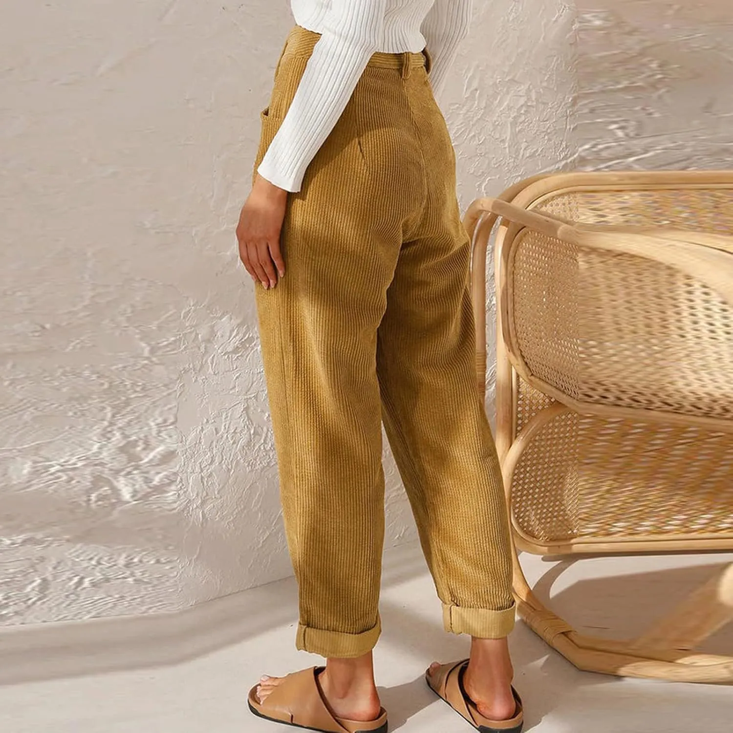Corduroy Pants Women Baggy Loose Fit Straight Leg Pants Elastic High Waisted Pants Button Work Trousers with Pockets
