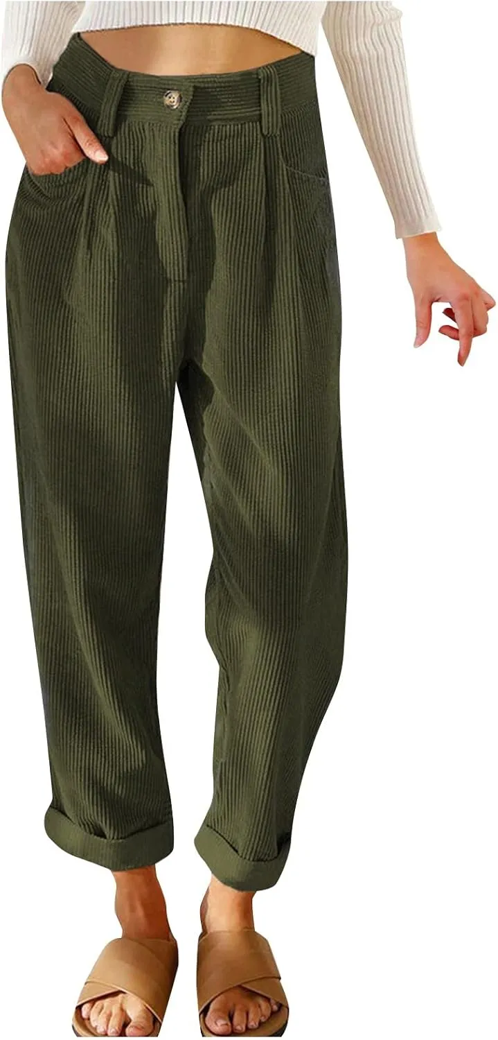 Corduroy Pants Women Baggy Loose Fit Straight Leg Pants Elastic High Waisted Pants Button Work Trousers with Pockets
