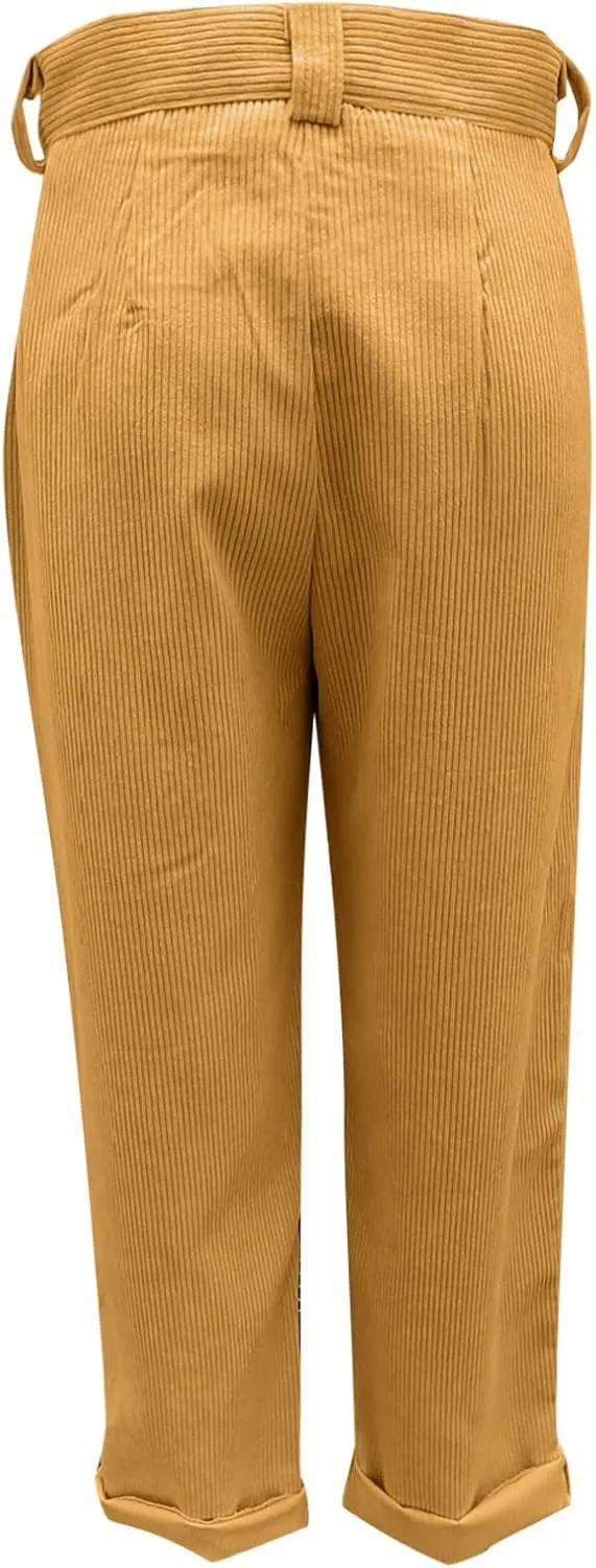 Corduroy Pants Women Baggy Loose Fit Straight Leg Pants Elastic High Waisted Pants Button Work Trousers with Pockets
