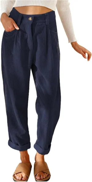 Corduroy Pants Women Baggy Loose Fit Straight Leg Pants Elastic High Waisted Pants Button Work Trousers with Pockets
